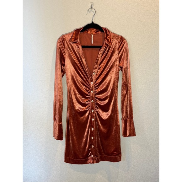 Free People Dresses & Skirts - Free People Womens Shayla Velvet Ruched Mini Dress Rust Orange XS
